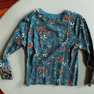 Sundance Floral Print Henley w/ Velvet Trim 4 Button Sleeve Teal  XL